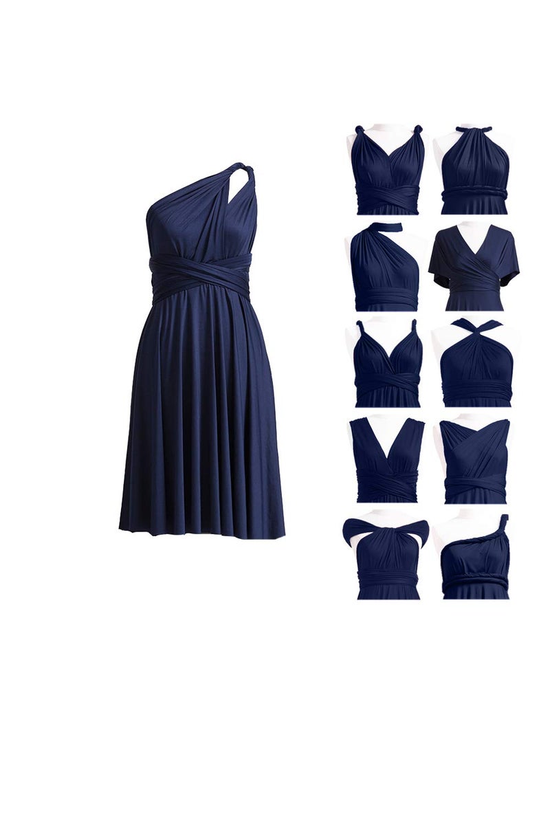72styles Short Infinity Bridesmaid Dresses Navy Blue Convertible Dresses Midi Multiway Transformer Twist Wrap Midi Dresses - Image 1